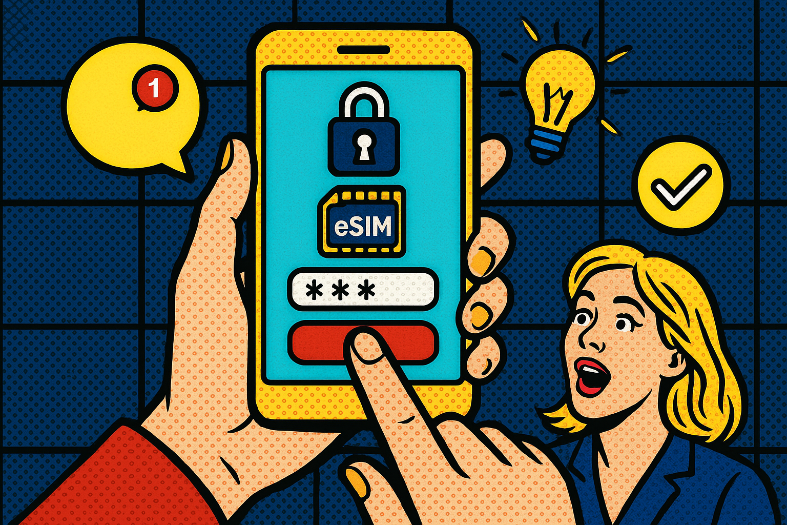 Illustration of mobile device with identity access in a cybersecurity digital grid setting, with a inspired mood.