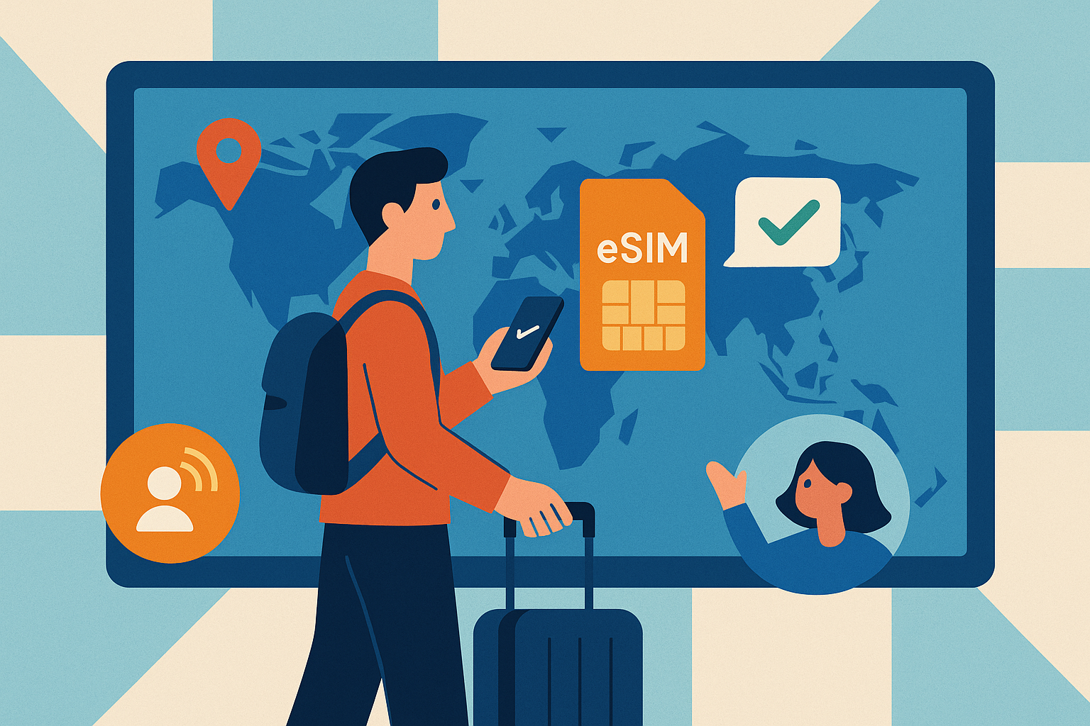 Illustration of traveler activating mobile plan in a world map on digital screen setting, with a focused mood.