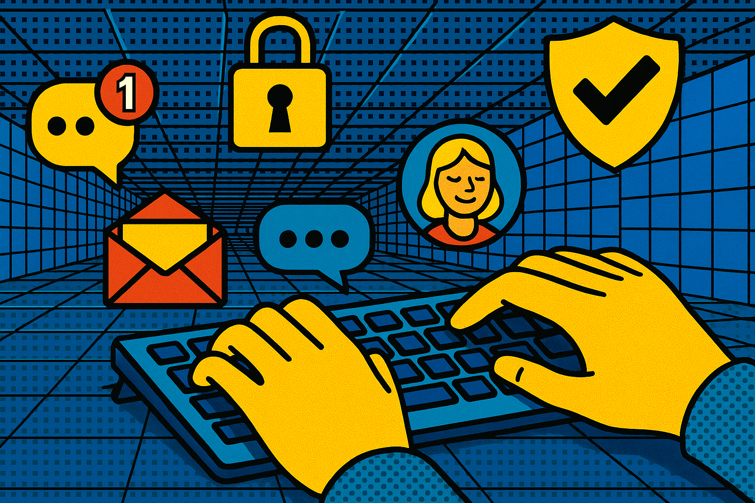 Illustration of hands typing on digital keypad in a cybersecurity digital grid setting, with a relaxed mood.