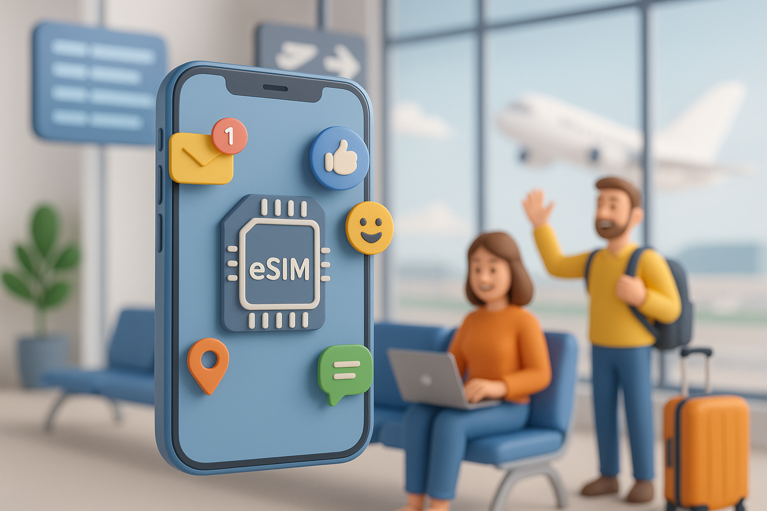 Illustration of closeup of esim enabled phone in a airport terminal setting, with a happy mood.