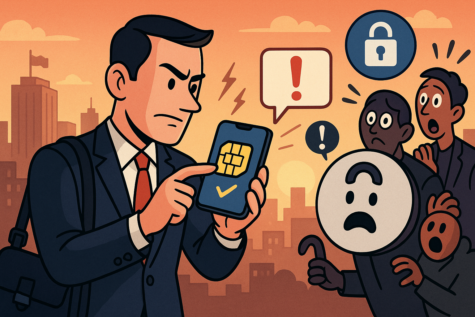 Illustration of traveler activating mobile plan in a urban skyline at sunset setting, with a determined mood.