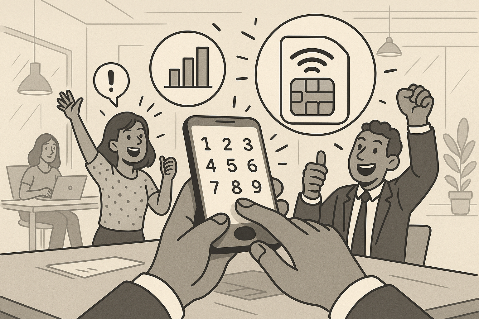 Illustration of hands typing on digital keypad in a startup office environment setting, with a inspired mood.