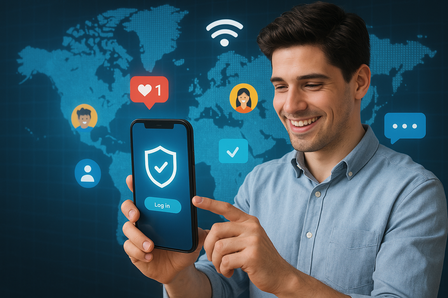 Illustration of mobile device with identity access in a world map on digital screen setting, with a happy mood.