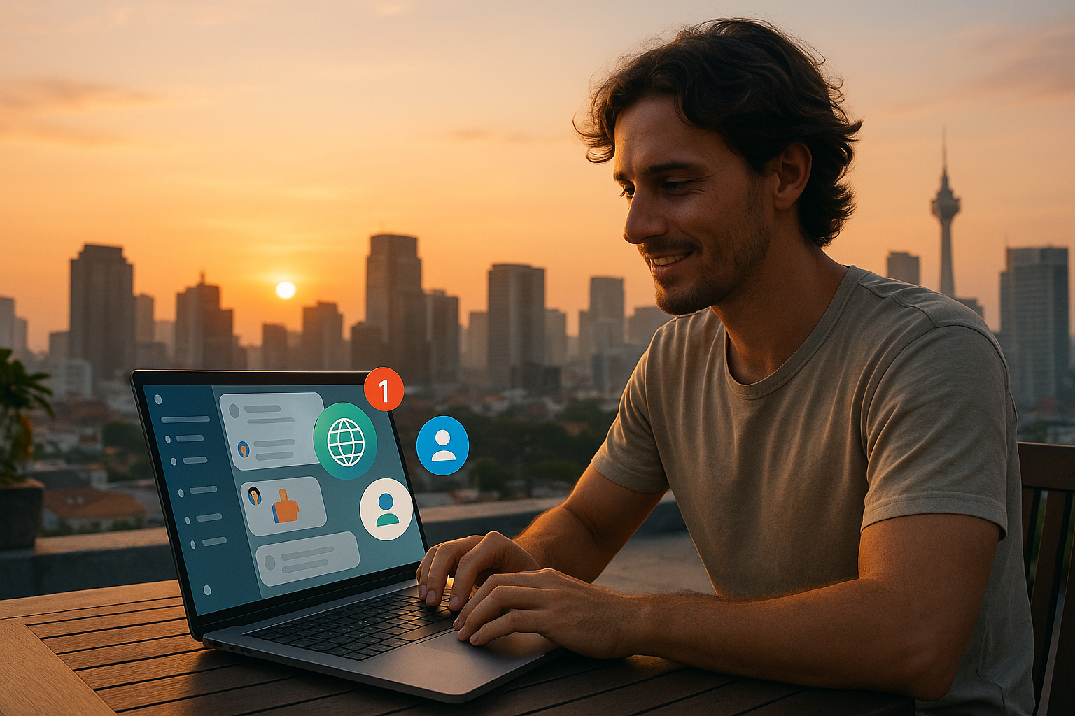 Illustration of nomad on laptop using messaging app in a urban skyline at sunset setting, with a relaxed mood.