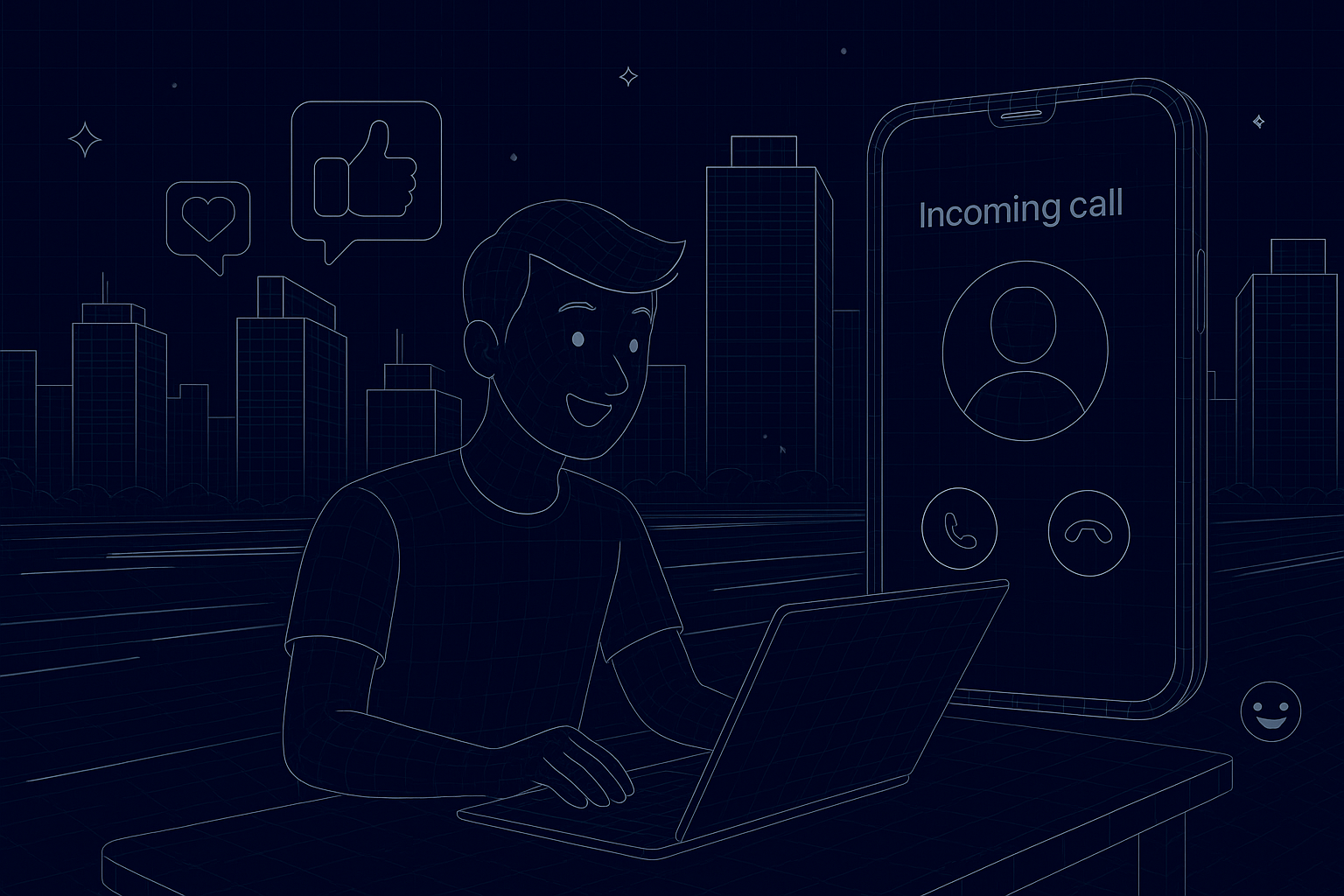 Illustration of incoming call from virtual number in a city night view with light trails setting, with a happy mood.