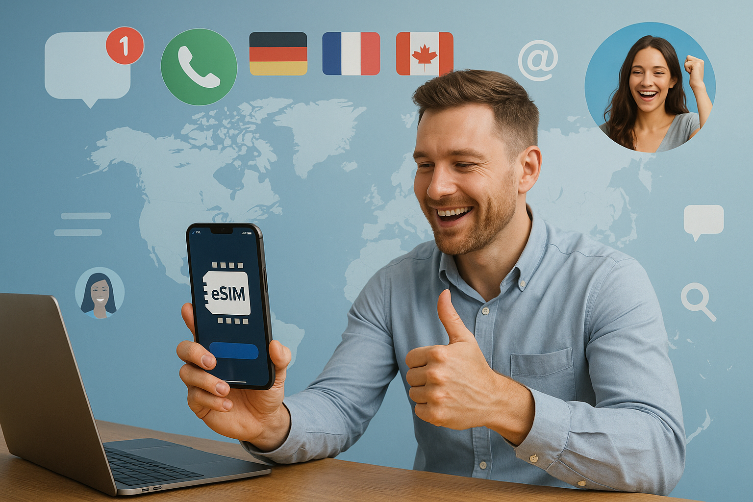 Illustration of esim app display on smartphone in a international dialing interface setting, with a inspired mood.