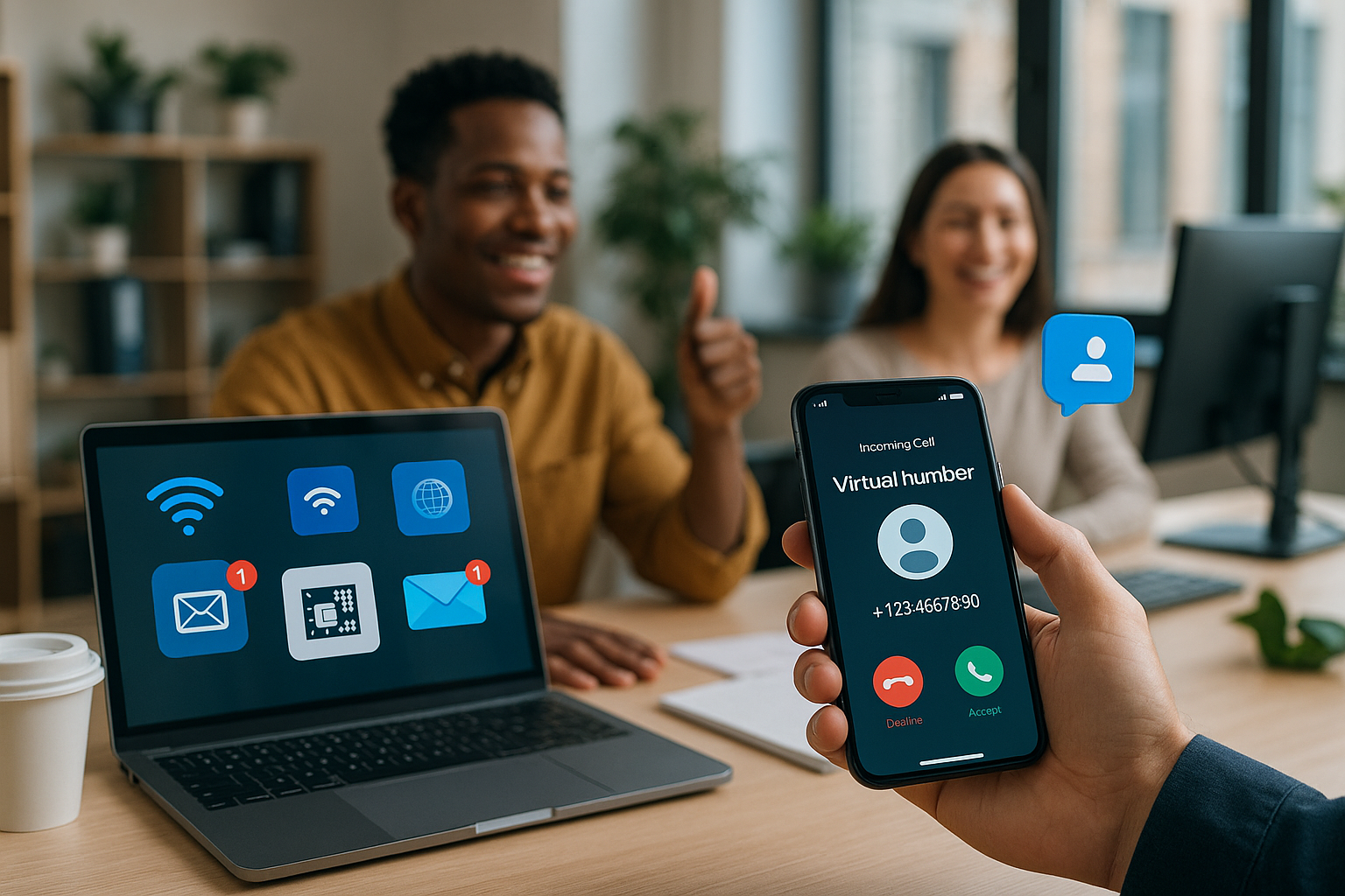 Illustration of incoming call from virtual number in a startup office environment setting, with a relaxed mood.