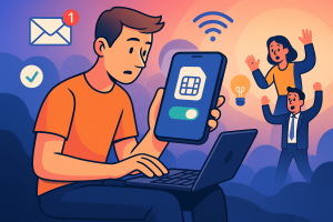 Illustration of esim app display on smartphone in a techy abstract gradient setting, with a creative mood.