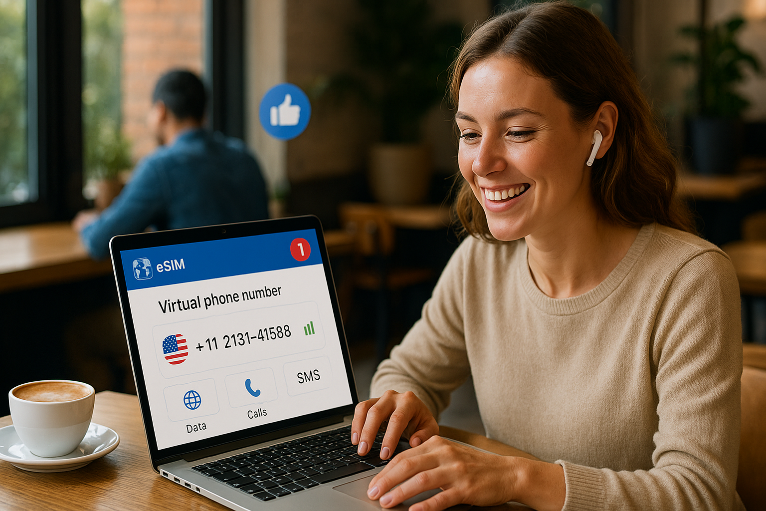 Illustration of virtual phone number dashboard in a coffee shop workspace setting, with a happy mood.
