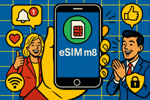 Illustration of esim app display on smartphone in a cybersecurity digital grid setting, with a happy mood.