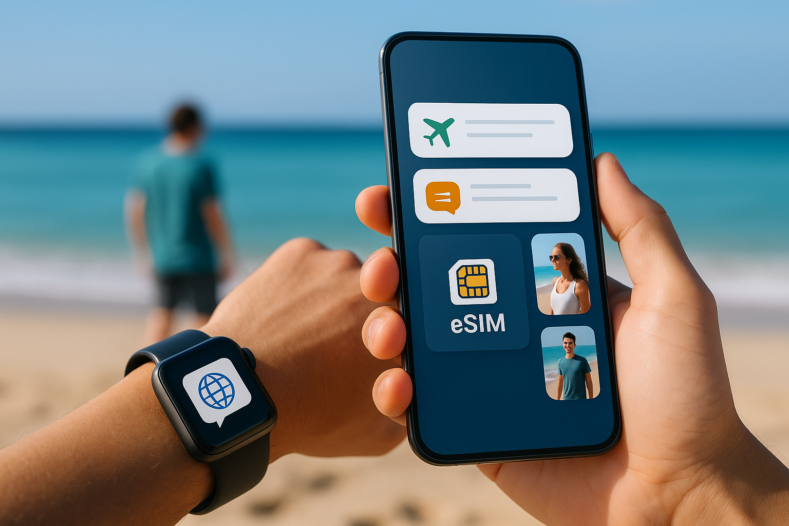Illustration of closeup of esim enabled phone in a beach with smartwatch and phone setting, with a creative mood.