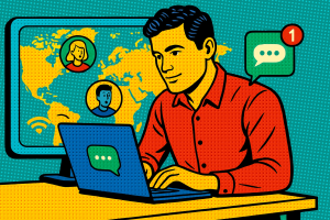 Illustration of nomad on laptop using messaging app in a world map on digital screen setting, with a determined mood.