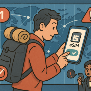 Illustration of traveler activating mobile plan in a world map on digital screen setting, with a focused mood.