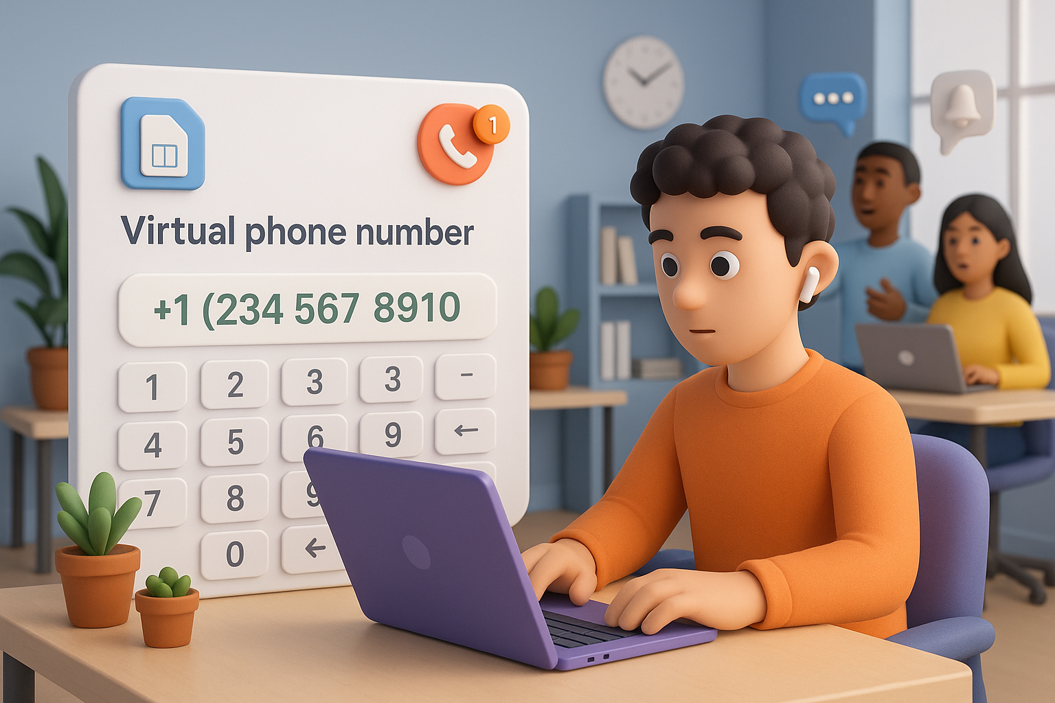 Illustration of virtual phone number dashboard in a startup office environment setting, with a focused mood.