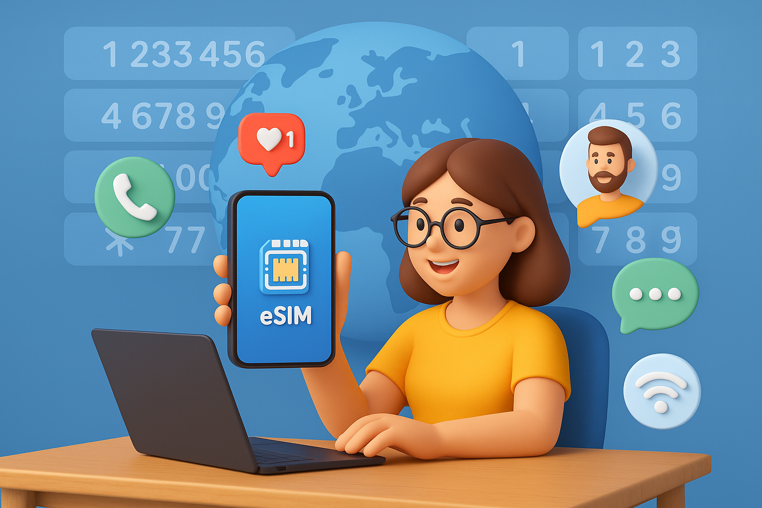 Illustration of esim app display on smartphone in a international dialing interface setting, with a happy mood.