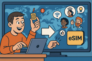 Illustration of user switching from sim to esim in a world map on digital screen setting, with a creative mood.