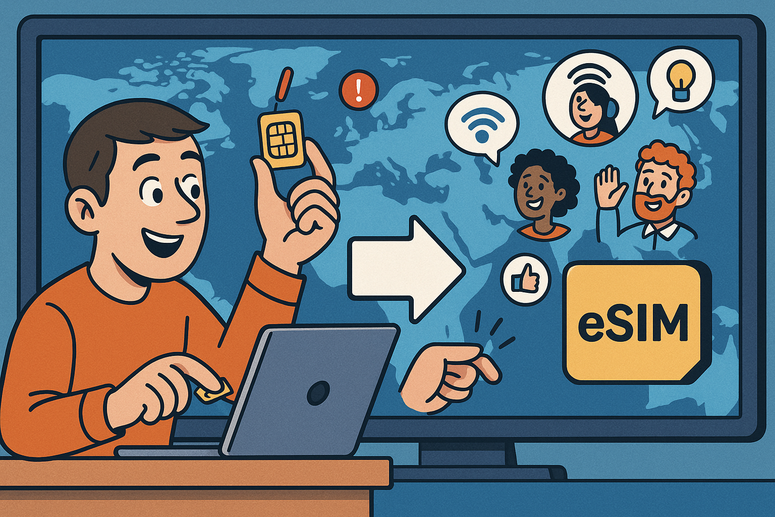 Illustration of user switching from sim to esim in a world map on digital screen setting, with a creative mood.