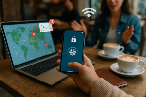 Illustration of mobile device with identity access in a coffee shop workspace setting, with a determined mood.