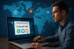 Illustration of virtual phone number dashboard in a world map on digital screen setting, with a determined mood.