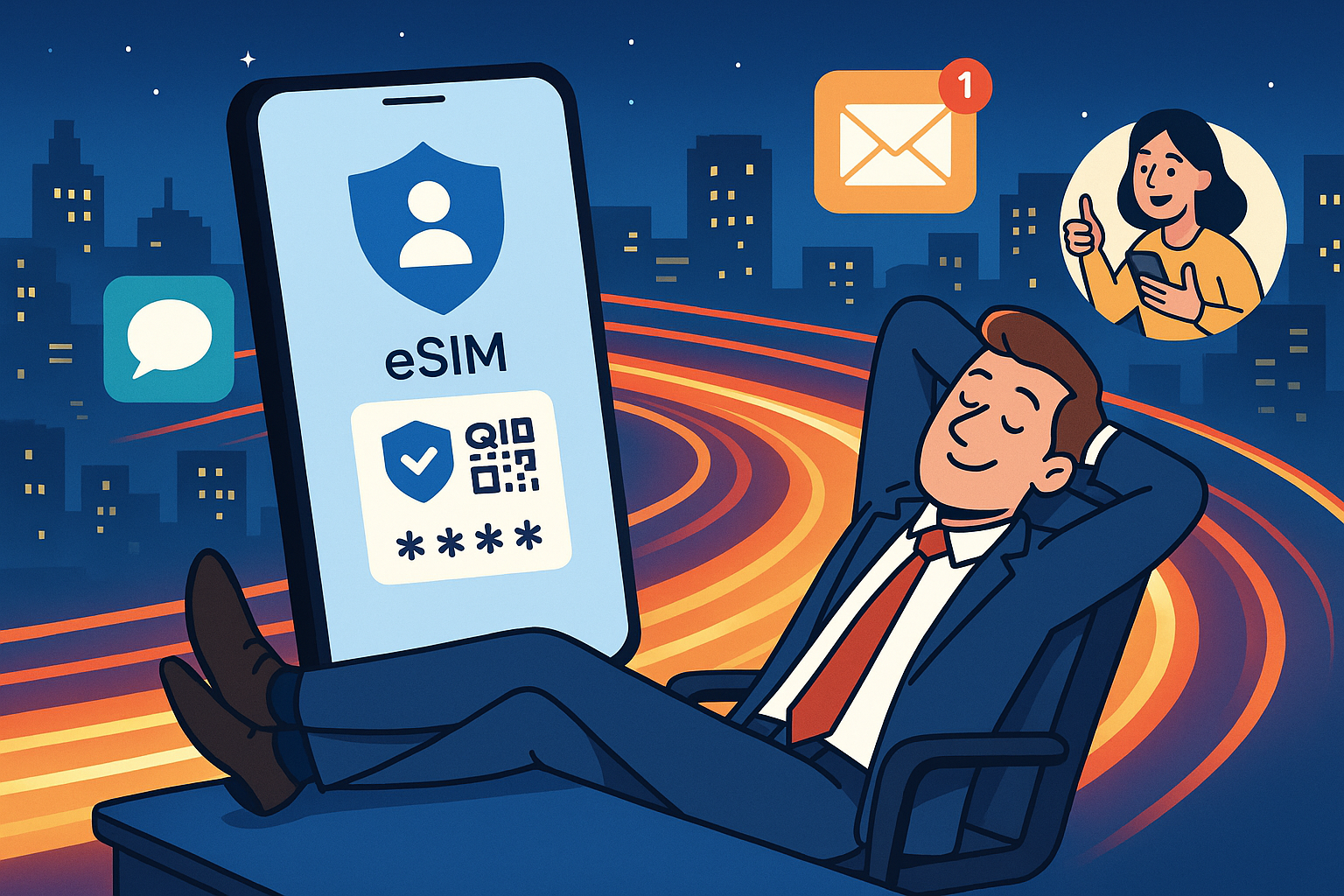 Illustration of mobile device with identity access in a city night view with light trails setting, with a relaxed mood.