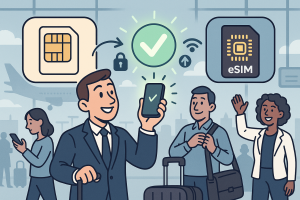 Illustration of user switching from sim to esim in a airport terminal setting, with a inspired mood.