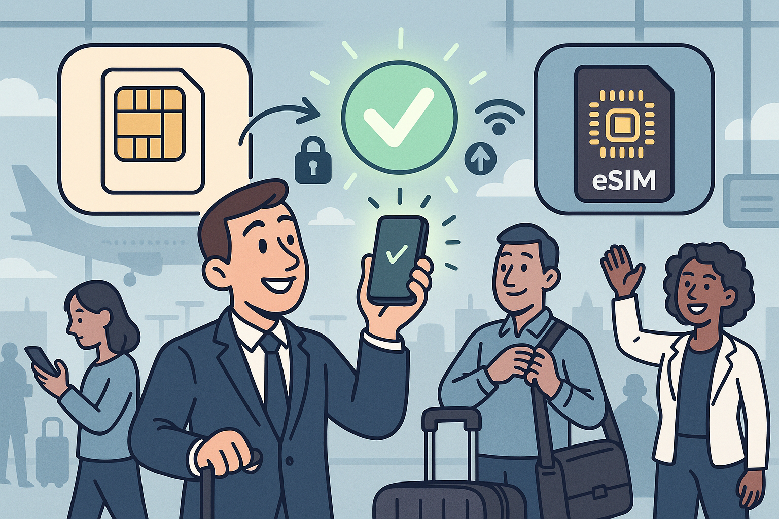 Illustration of user switching from sim to esim in a airport terminal setting, with a inspired mood.
