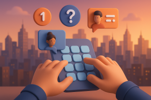 Illustration of hands typing on digital keypad in a urban skyline at sunset setting, with a focused mood.