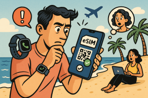 Illustration of person using phone with esim interface in a beach with smartwatch and phone setting, with a focused mood.
