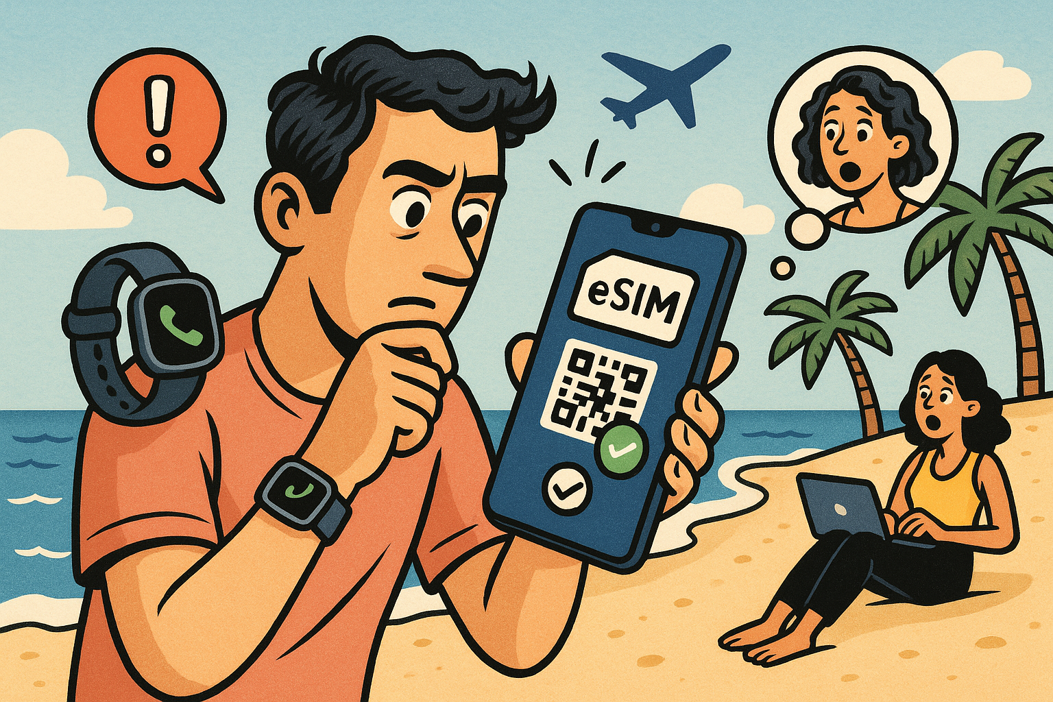 Illustration of person using phone with esim interface in a beach with smartwatch and phone setting, with a focused mood.