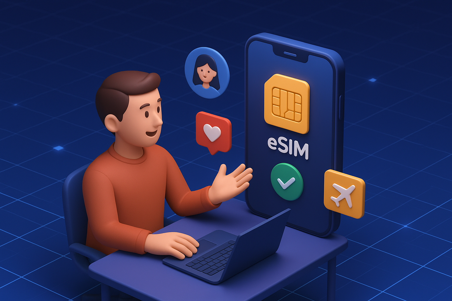 Illustration of esim app display on smartphone in a cybersecurity digital grid setting, with a creative mood.