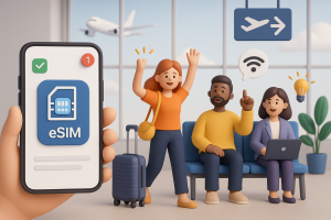 Illustration of esim app display on smartphone in a airport terminal setting, with a inspired mood.