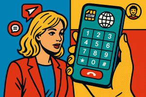 Illustration of closeup of esim enabled phone in a international dialing interface setting, with a creative mood.
