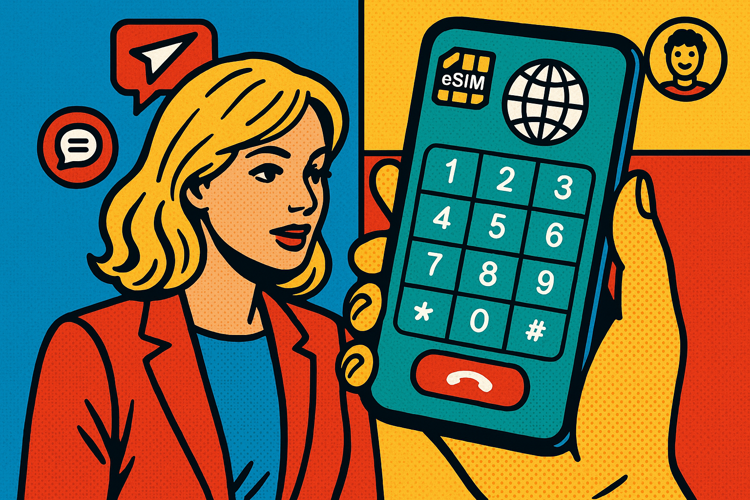 Illustration of closeup of esim enabled phone in a international dialing interface setting, with a creative mood.