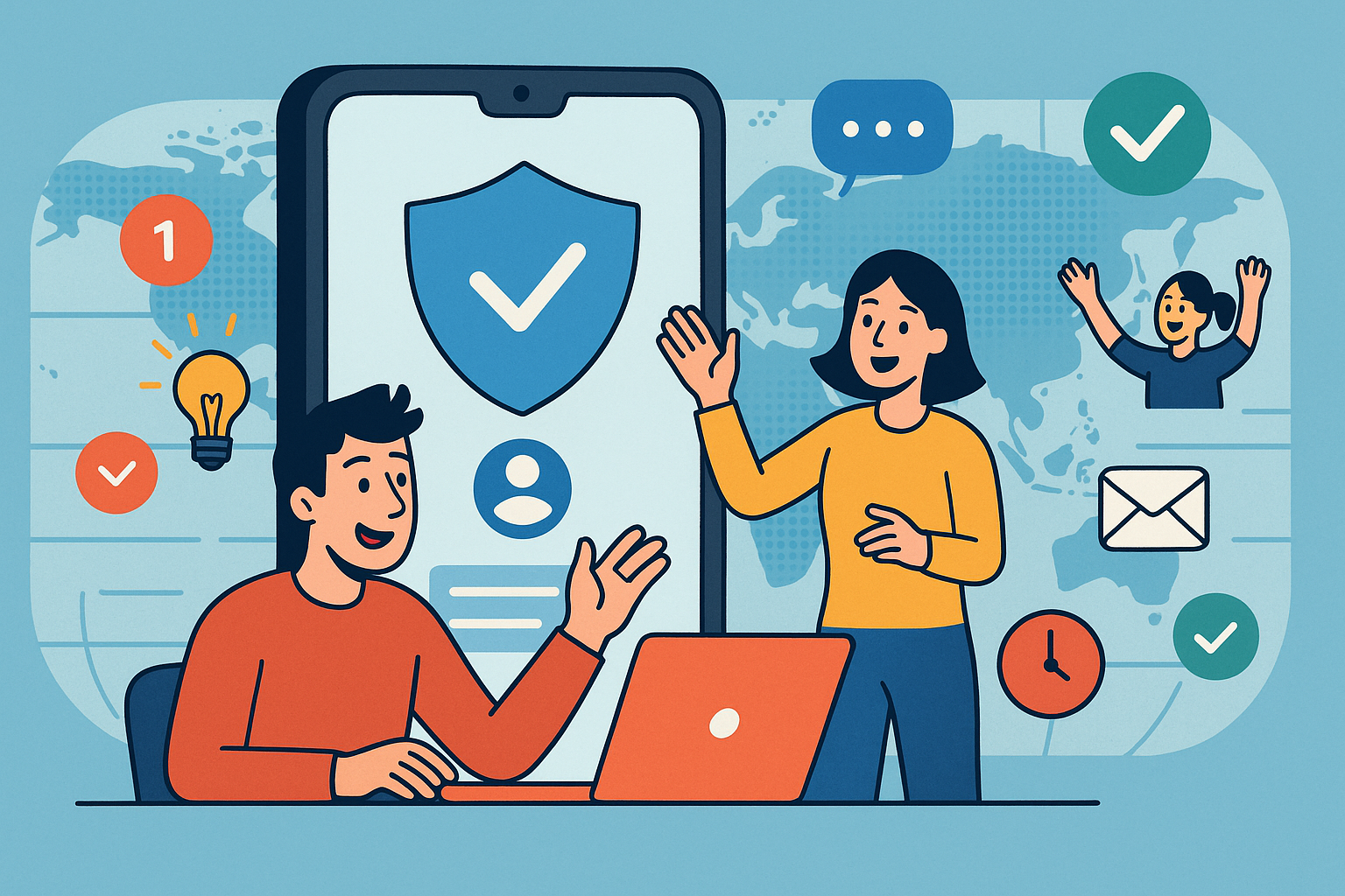 Illustration of mobile device with identity access in a world map on digital screen setting, with a creative mood.