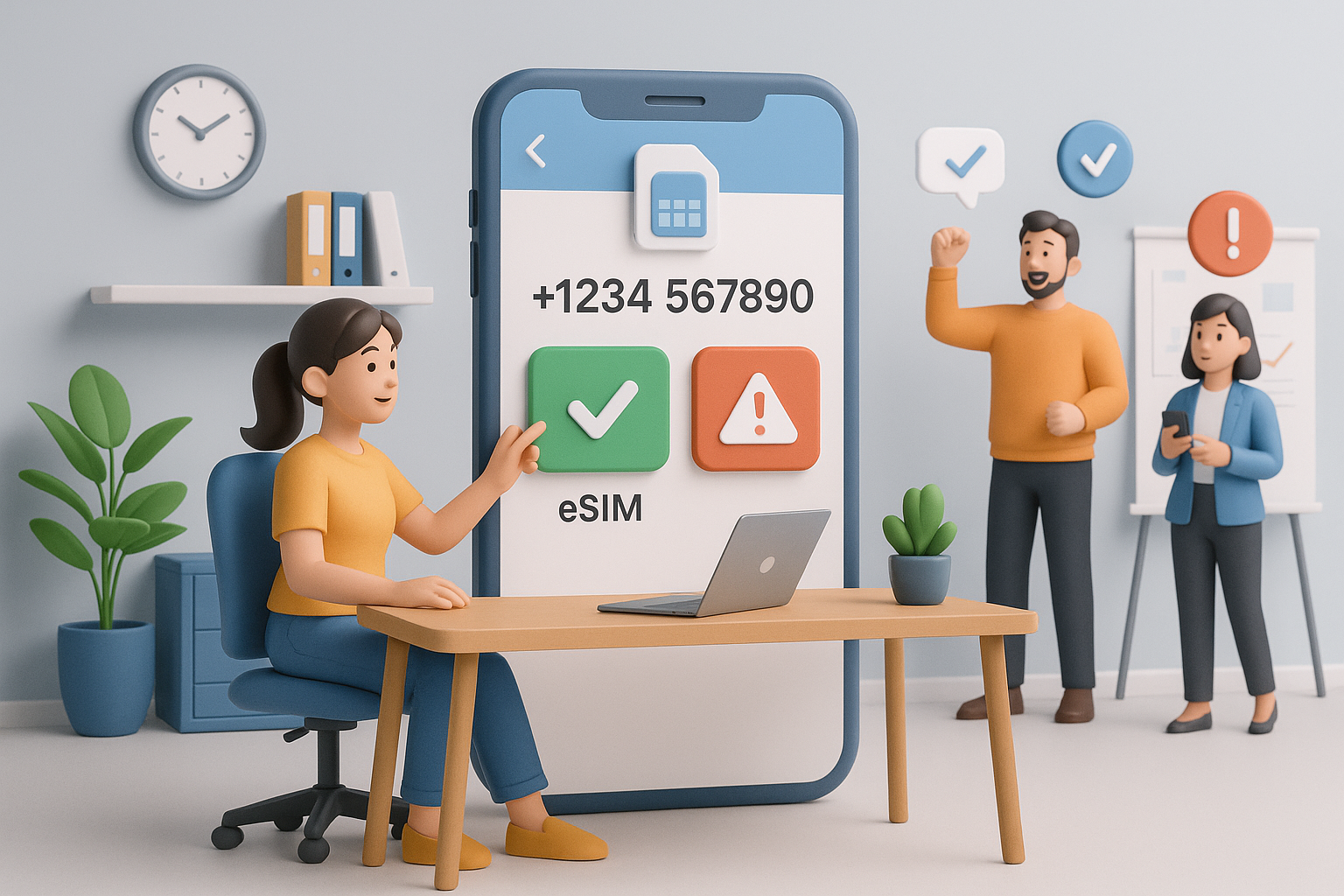 Illustration of virtual phone number dashboard in a startup office environment setting, with a creative mood.