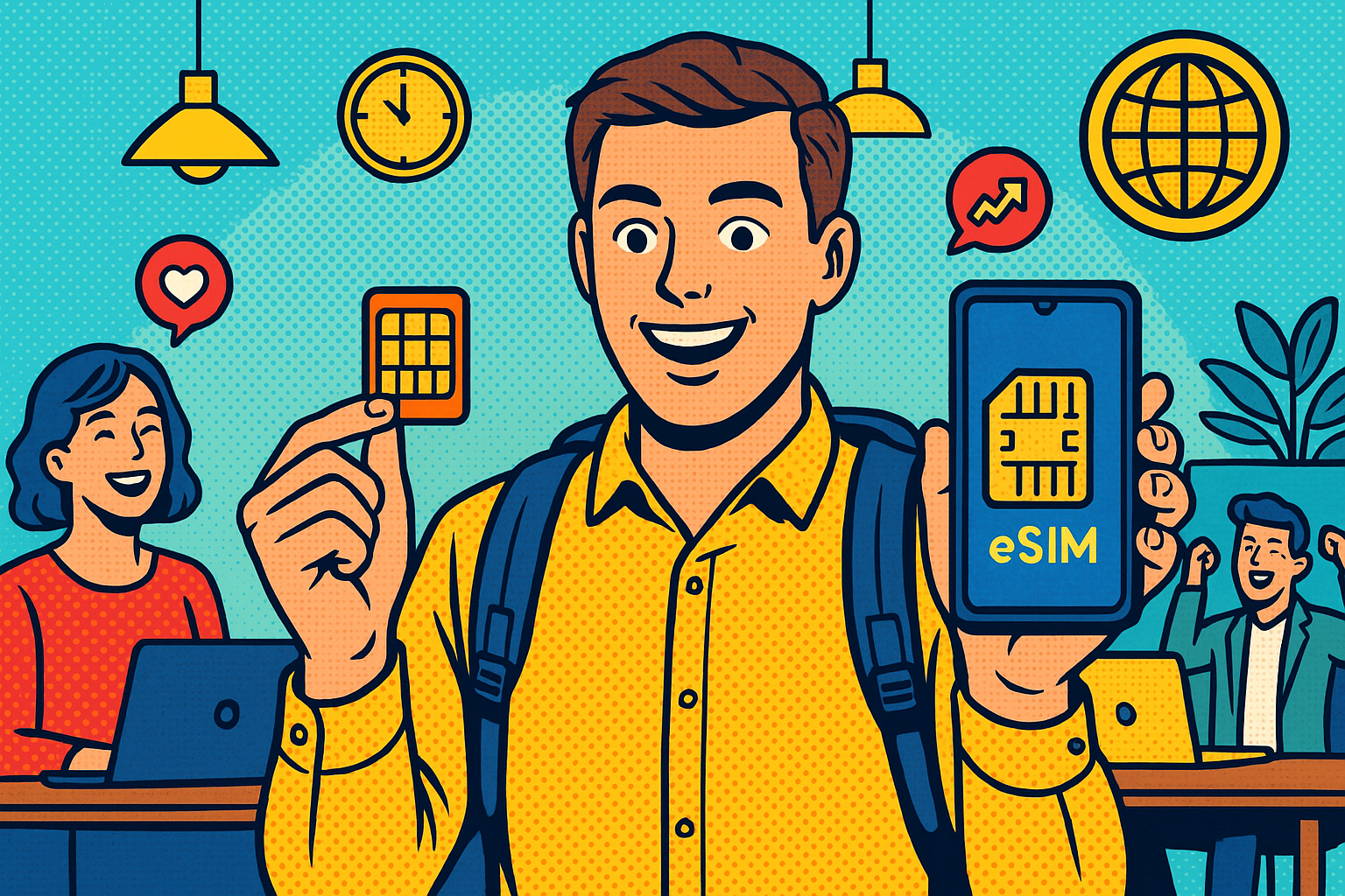 Illustration of user switching from sim to esim in a startup office environment setting, with a happy mood.