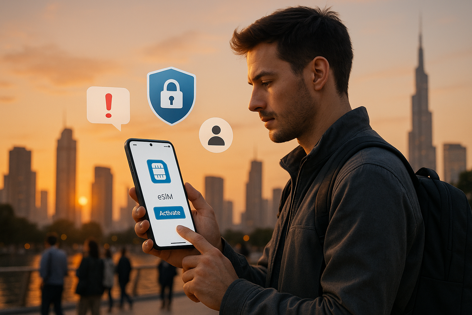 Illustration of traveler activating mobile plan in a urban skyline at sunset setting, with a determined mood.