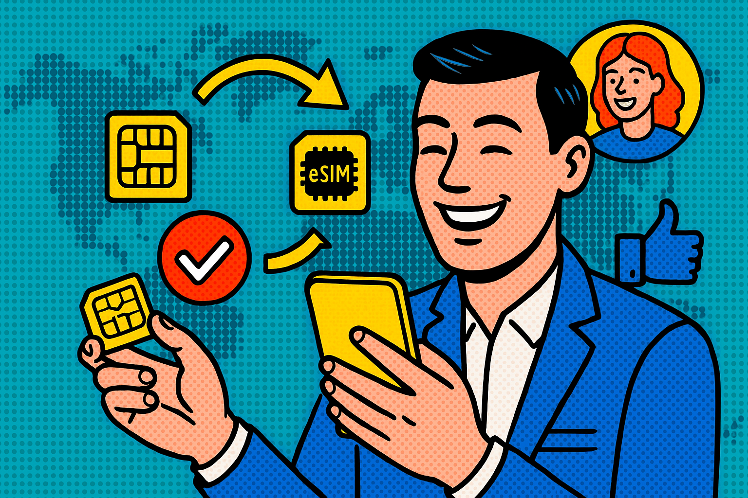 Illustration of user switching from sim to esim in a world map on digital screen setting, with a happy mood.