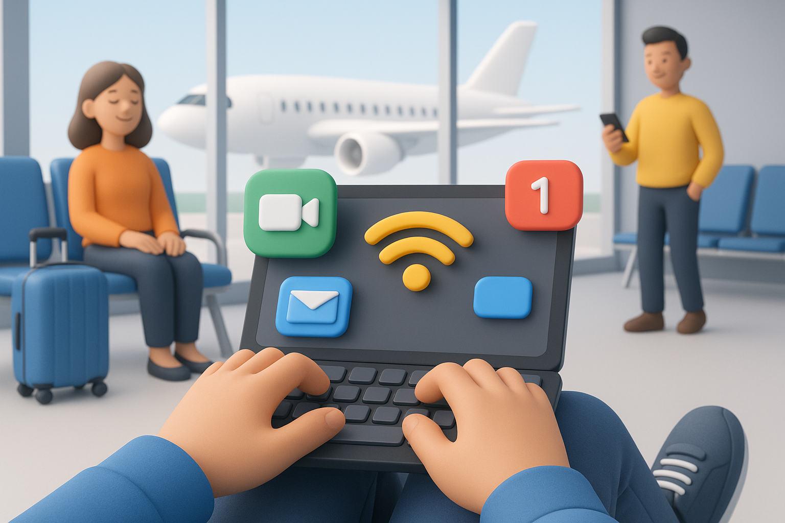 Illustration of hands typing on digital keypad in a airport terminal setting, with a relaxed mood.