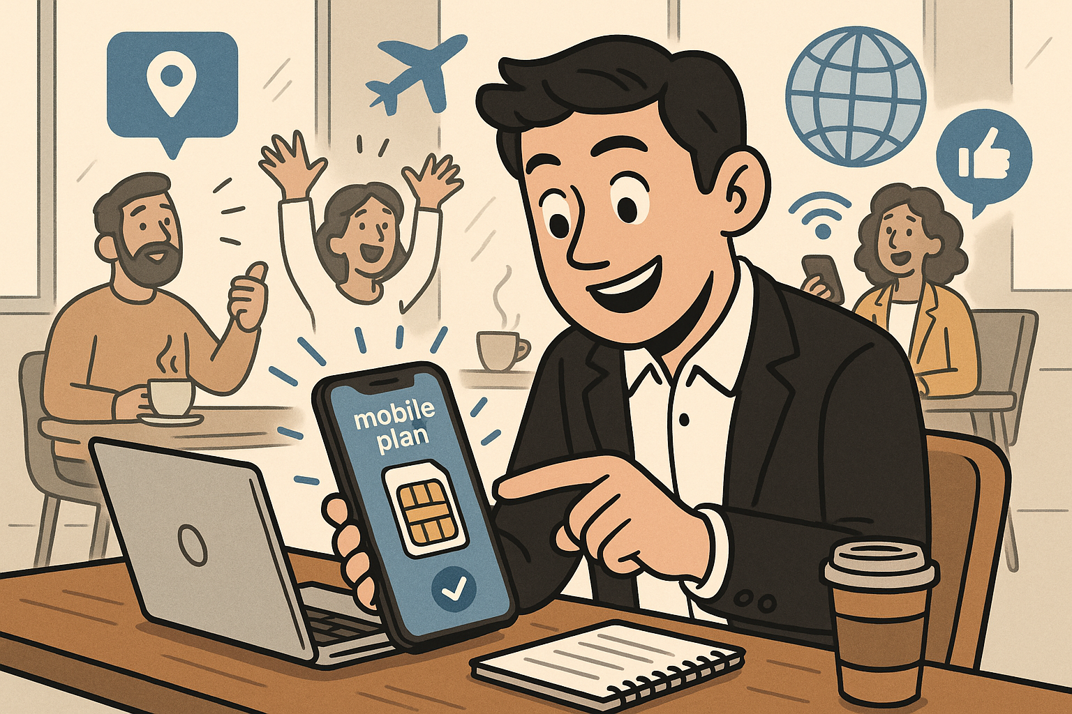 Illustration of traveler activating mobile plan in a coffee shop workspace setting, with a inspired mood.