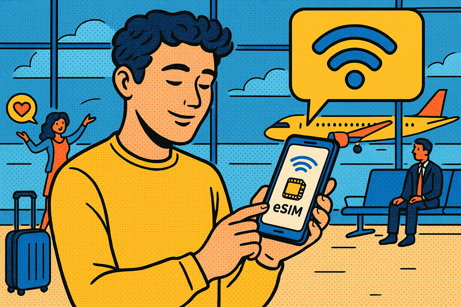 Illustration of person using phone with esim interface in a airport terminal setting, with a relaxed mood.