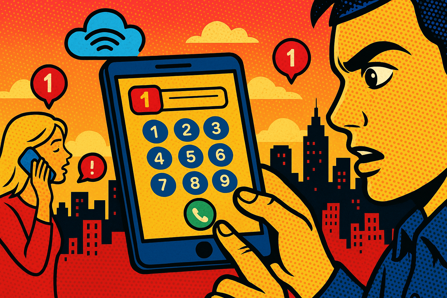Illustration of virtual phone number dashboard in a urban skyline at sunset setting, with a determined mood.