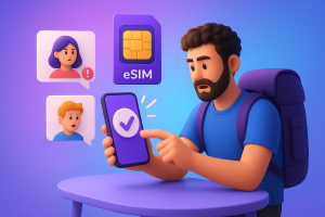 Illustration of traveler activating mobile plan in a techy abstract gradient setting, with a determined mood.