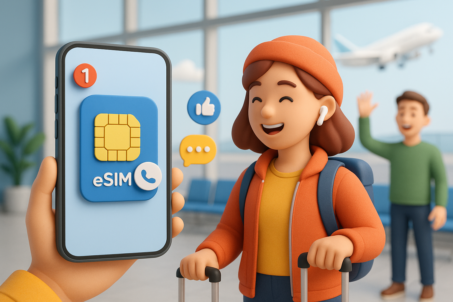 Illustration of closeup of esim enabled phone in a airport terminal setting, with a happy mood.