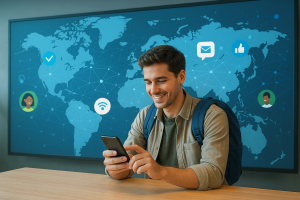 Illustration of traveler activating mobile plan in a world map on digital screen setting, with a relaxed mood.