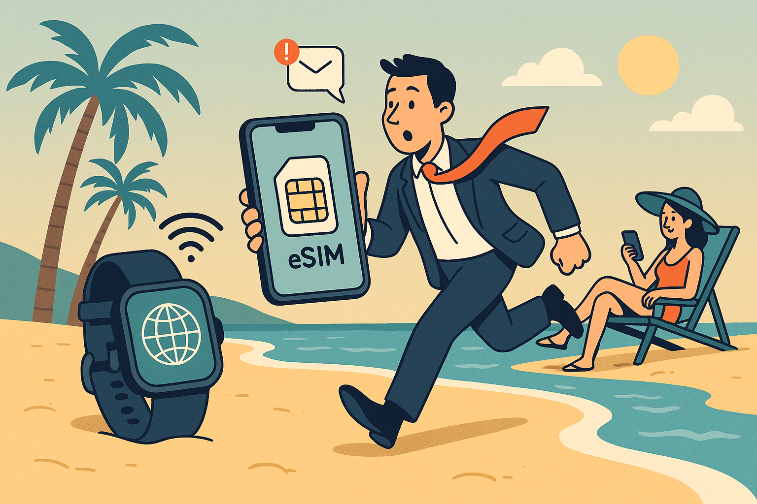 Illustration of esim app display on smartphone in a beach with smartwatch and phone setting, with a relaxed mood.