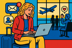 Illustration of nomad on laptop using messaging app in a airport terminal setting, with a creative mood.