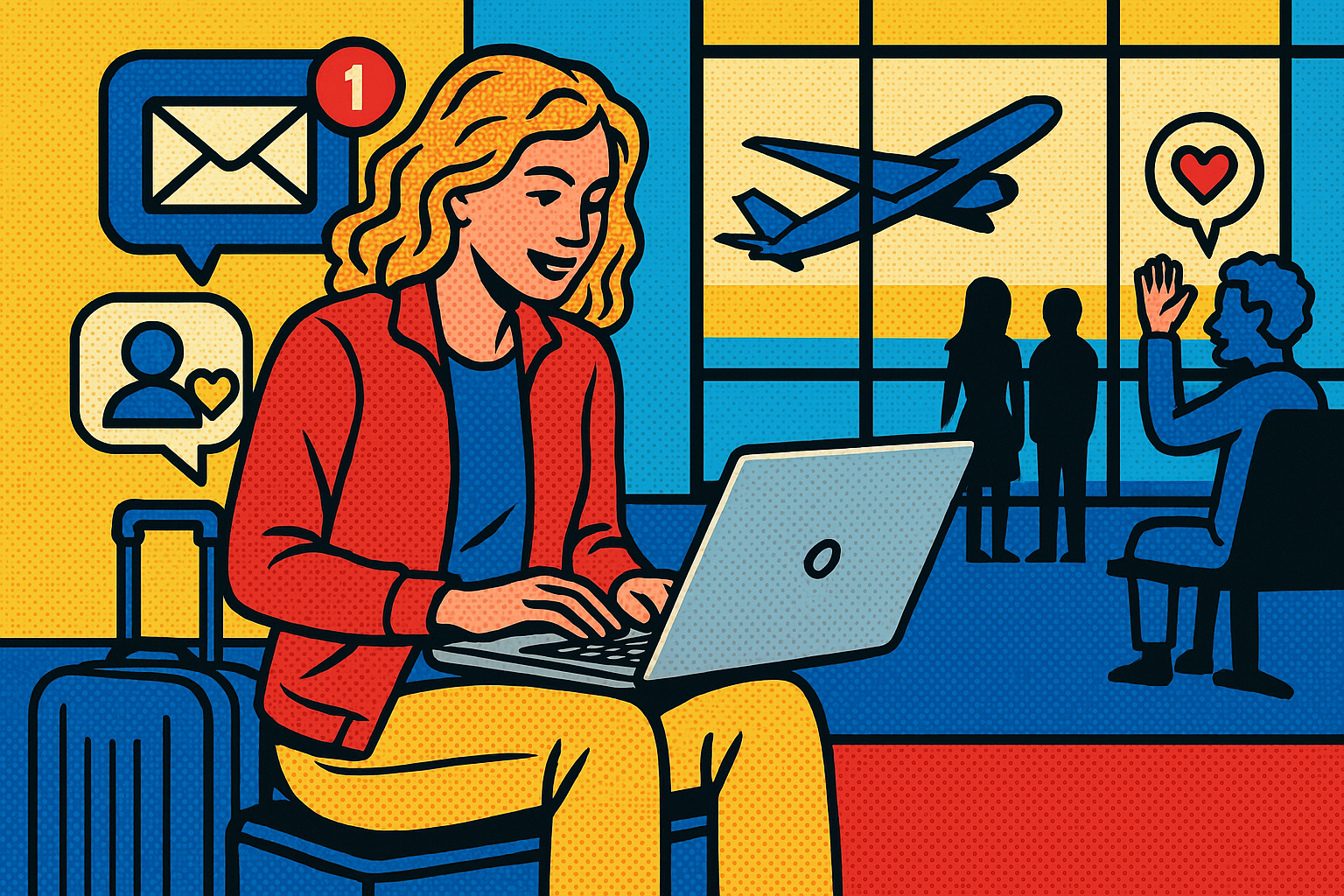 Illustration of nomad on laptop using messaging app in a airport terminal setting, with a creative mood.