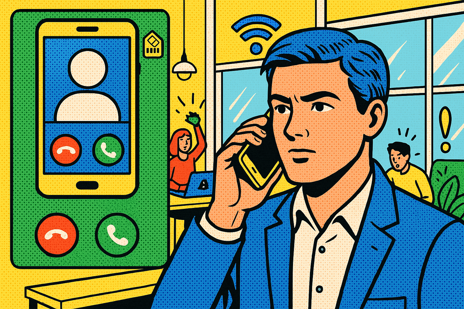Illustration of incoming call from virtual number in a startup office environment setting, with a determined mood.