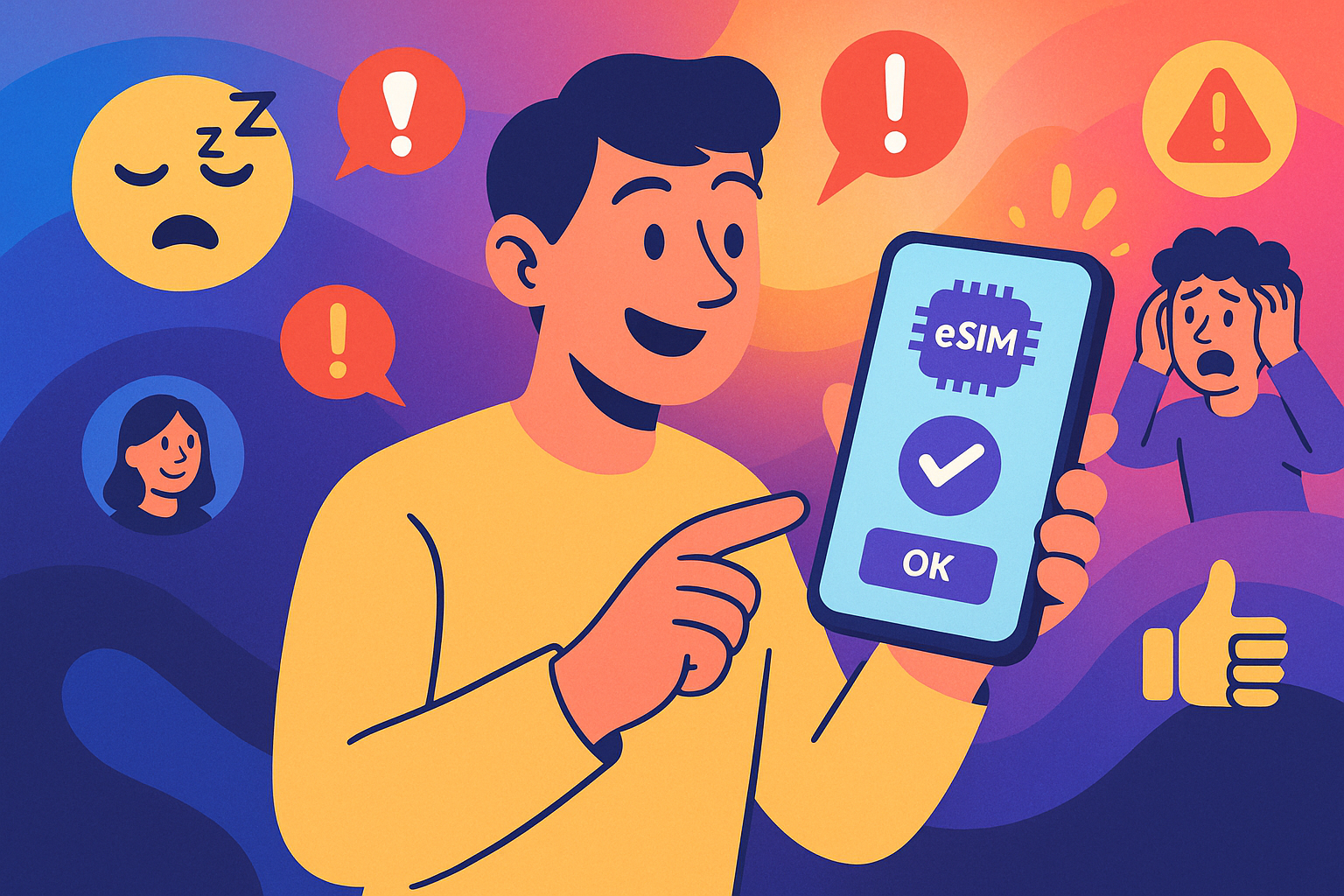 Illustration of person using phone with esim interface in a techy abstract gradient setting, with a creative mood.